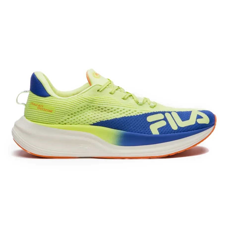 Tênis masculino verde neon, azul royal e laranja da FILA com solado branco e fechamento por cadarço